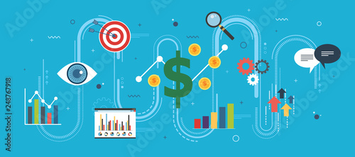Growth chart, startup sucess and money profit. Business, growth, chart and finance icons. Startup and sucess growth internet banner concept in flat design vector illustration in blue background.