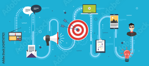 Business marketing,promotion,advertising and strategy.Advertising and marketing communication icons.Advertising and promotion internet banner concept with icons in flat design vector illustration.