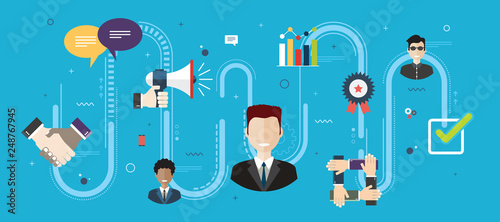 Care in business management and quality of service delivery. Evaluation and after sales support of the product purchase. Customer relationship concept with icons in flat design vector illustration.