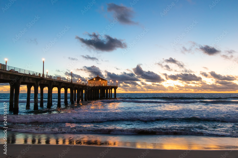 Sunset behind the pier at Manhattan Beach, California