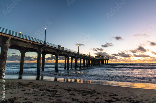 Sunset behind the pier at Manhattan Beach  California