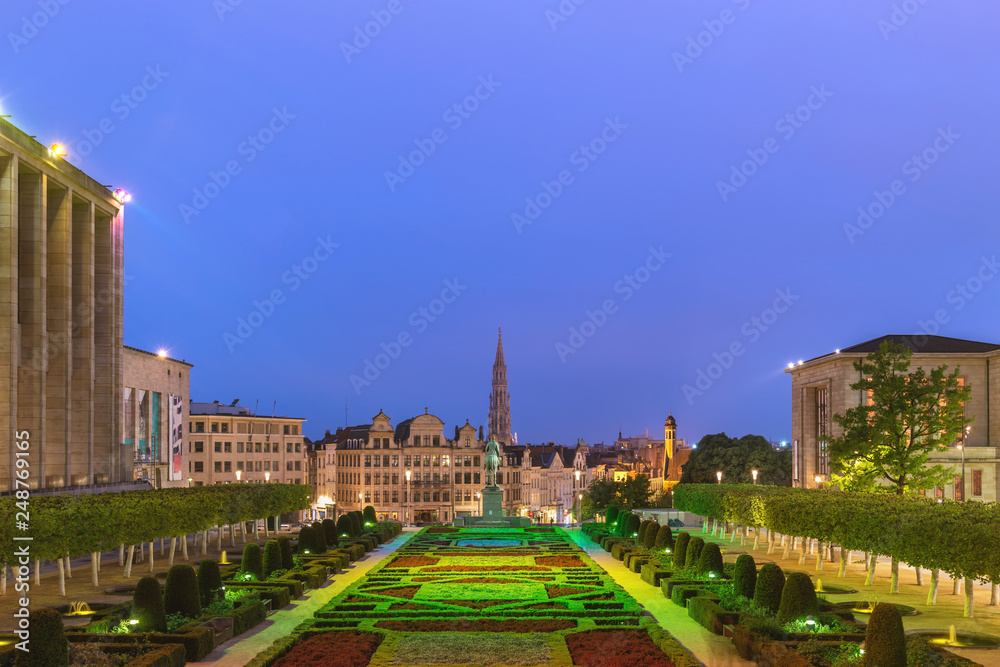 Brussels Belgium, night city skyline at Mont des Arts Garden
