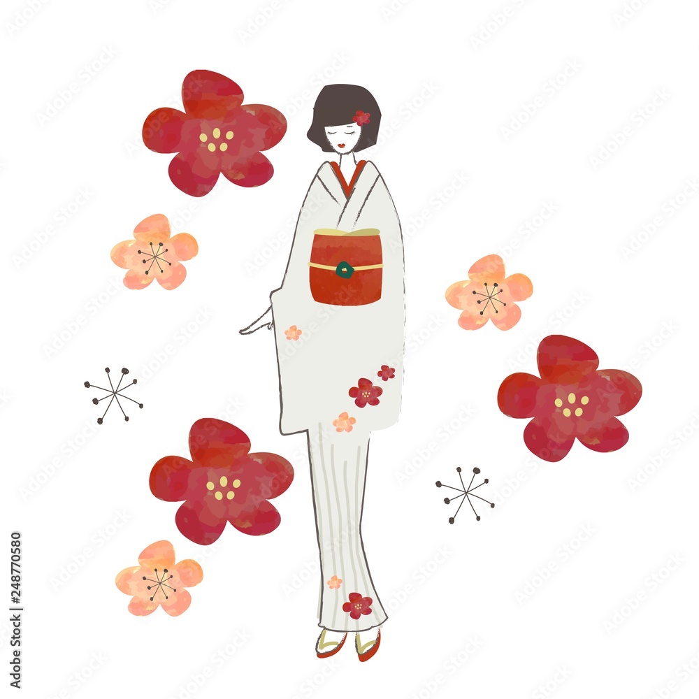 Vecteur Stock レトロモダン花柄の着物の女の子の水彩タッチ手描き風イラスト 白地に紅梅模様 Adobe Stock