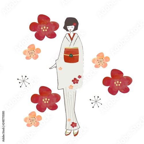 レトロモダン花柄の着物の女の子の水彩タッチ手描き風イラスト。白地に紅梅模様。