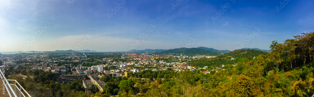 Beautiful panorama landscape in 180 degrees view of Phuket city from Khao Rang, small hill in Phuket, Thailand .