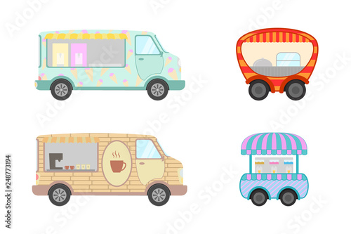 food truck collection with ice cream and coffee and drinking food - vector