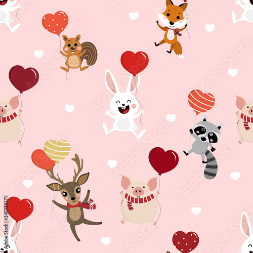 Fototapeta Naklejka Na Ścianę i Meble -  Cute animal hold the heart balloons seamless pattern. Deer, squirrel, fox, pig, racoon and rabbit cartoon character. Happy Valentine's Day background.