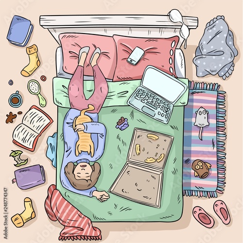 Girl procrastinating on the bed. Big mess at home. Comic style image. Top view.