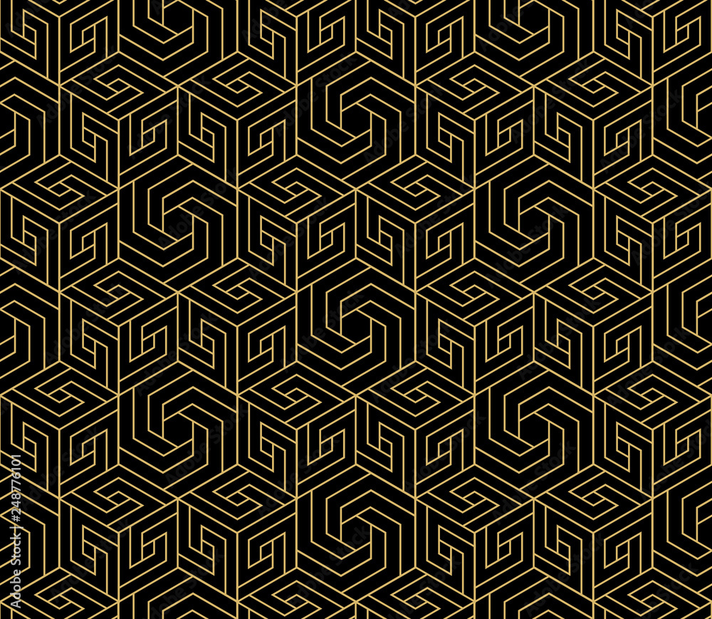 The geometric pattern with lines. Seamless vector background. Gold and black texture. Graphic modern pattern. Simple lattice graphic design