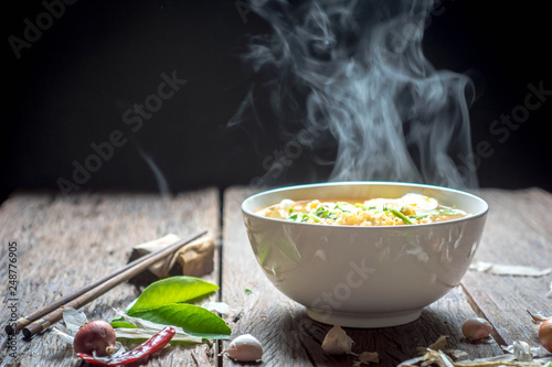 noodle Soup hot with smoke on the Table