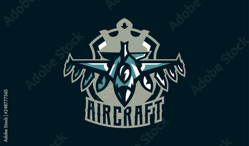 The emblem of a military aircraft. Aircraft logo. Military equipment, wings, fighter, plane, jet, war, bomber, airplane, airscrew, airforce. Vector illustration