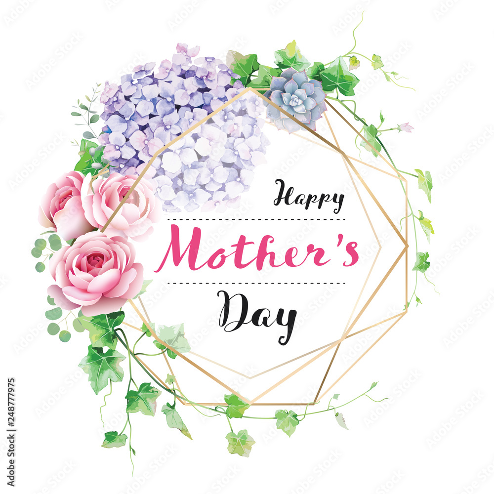 Obraz Szczęśliwy dzień matki kartkę z życzeniami z wieniec z kwiatów i zieleni.