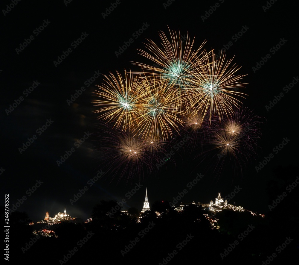 Firework show at Phra Nakorn Khiri 2019 festival (33 times) - Phetchaburi Province THAILAND.