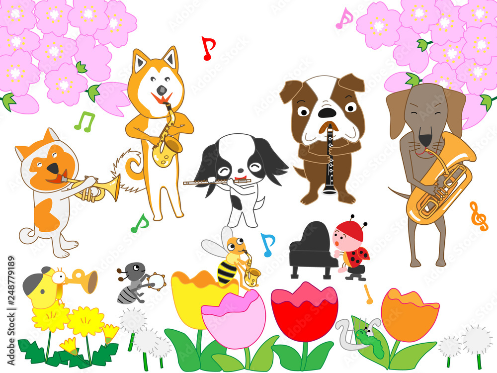 Naklejka premium 犬と昆虫たちの春のコンサート
