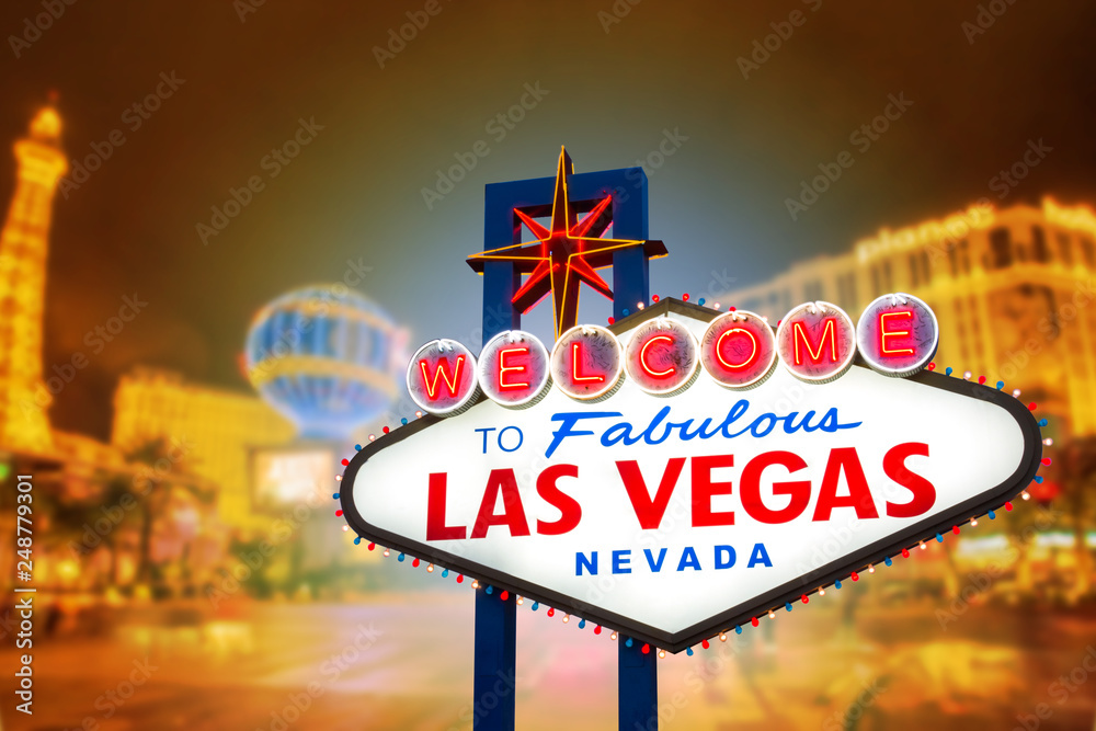 Welcome to fabulous Las vegas Nevada sign with blur strip road background  Stock Photo