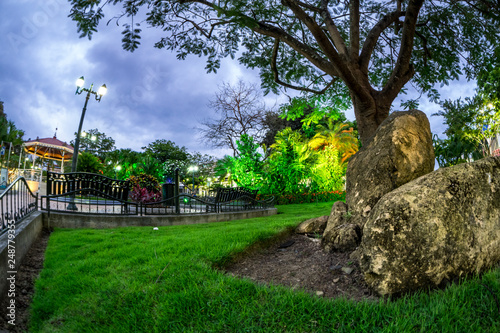 Sunset scene of Park Vicente Amador Flor in Portoviejo, Manabi, Ecuador. Taken with a fisheye lens. 