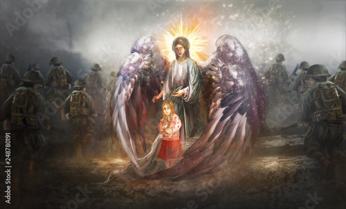 Angel protecting child in warzone
