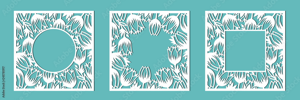 Frame of tulips. A set of floral frames for cutting out of paper, laser or plotter. Vector