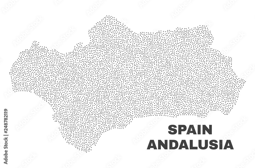 Andalusia Province map designed with little dots. Vector abstraction in black color is isolated on a white background. Random little elements are organized into Andalusia Province map.