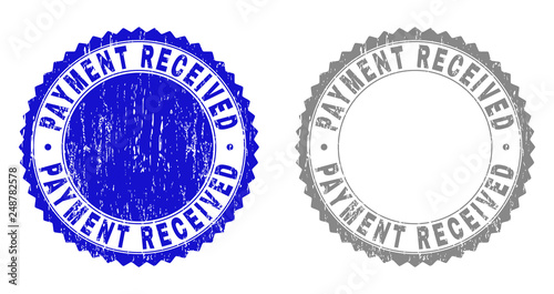 Grunge PAYMENT RECEIVED stamp seals isolated on a white background. Rosette seals with distress texture in blue and grey colors.