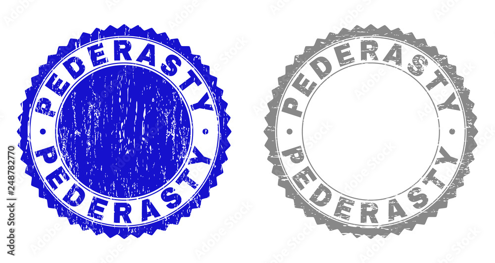 Grunge PEDERASTY stamp seals isolated on a white background. Rosette seals with distress texture in blue and gray colors. Vector rubber stamp imprint of PEDERASTY tag inside round rosette. Grunge PEDERASTY stamp seals isolated on a white background. Rosette seals with distress texture in blue and gray colors. Vector rubber stamp imprint of PEDERASTY tag inside round rosette.