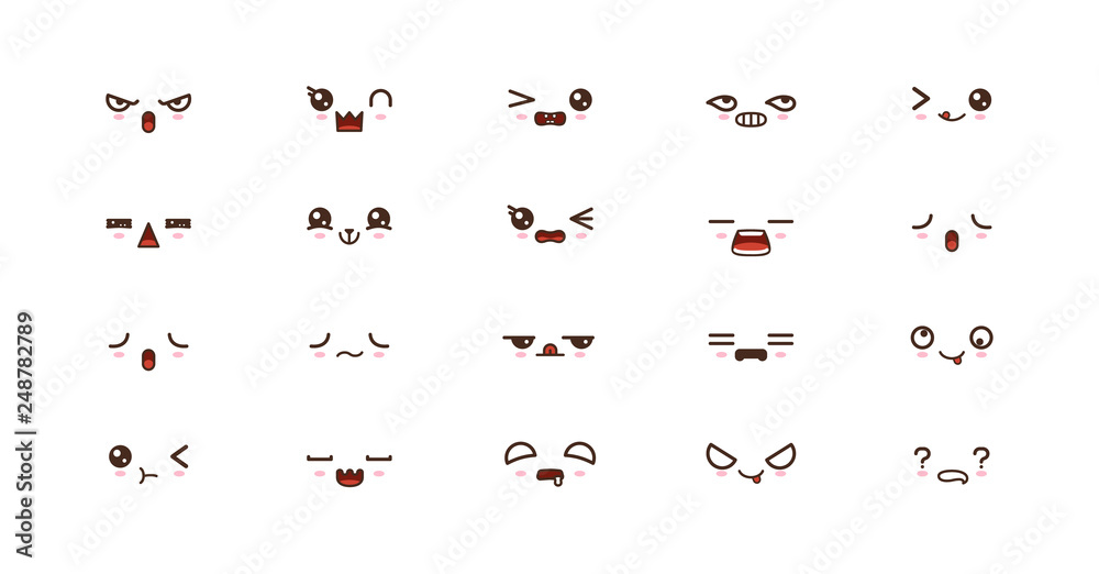 Kawaii smile emoticons. Japanese emoji. set icon