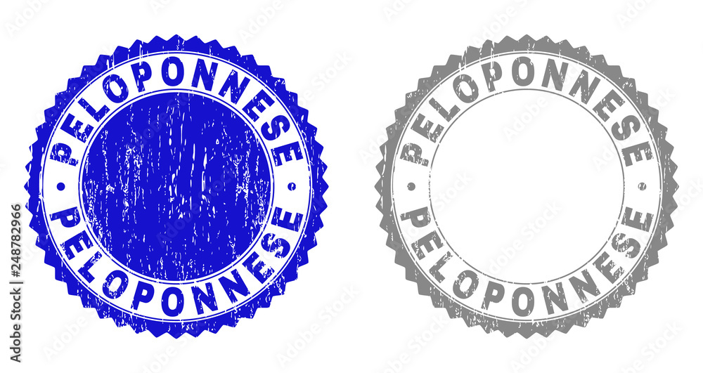 Grunge PELOPONNESE stamp seals isolated on a white background. Rosette seals with grunge texture in blue and grey colors. Vector rubber stamp imprint of PELOPONNESE caption inside round rosette.