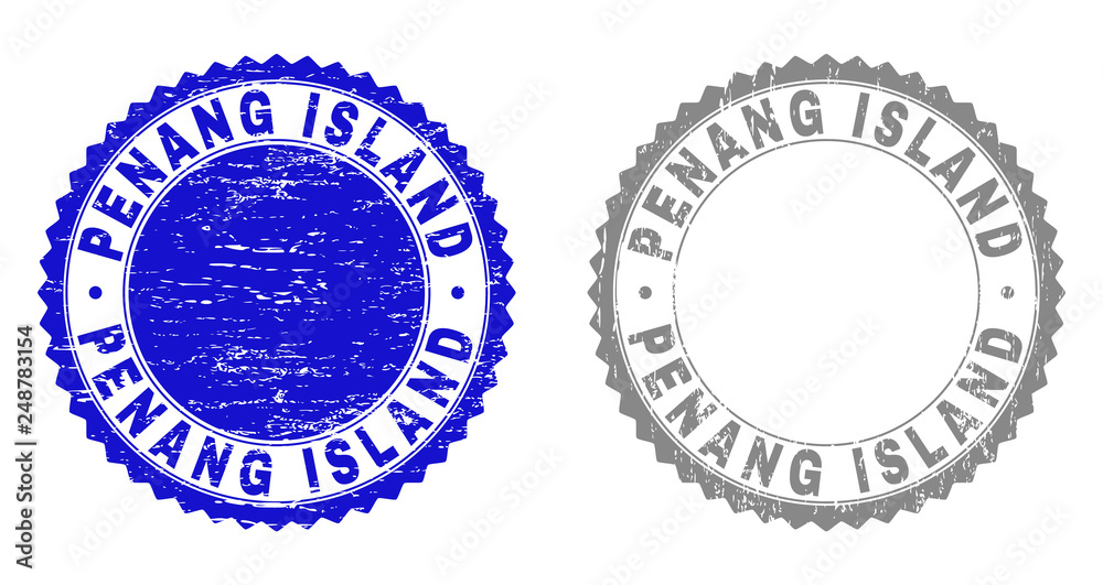 Grunge PENANG ISLAND stamp seals isolated on a white background. Rosette seals with grunge texture in blue and gray colors. Vector rubber stamp imprint of PENANG ISLAND label inside round rosette.