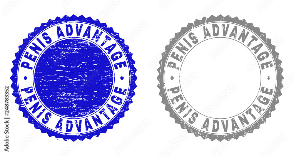 Grunge PENIS ADVANTAGE stamp seals isolated on a white background. Rosette seals with grunge texture in blue and gray colors.