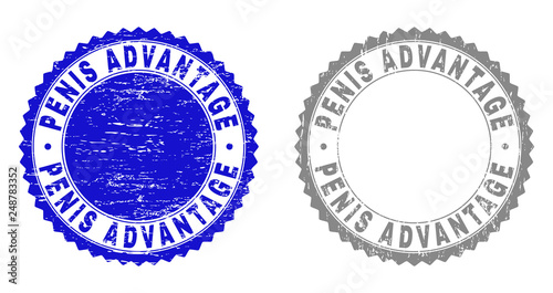 Grunge PENIS ADVANTAGE stamp seals isolated on a white background. Rosette seals with grunge texture in blue and gray colors.