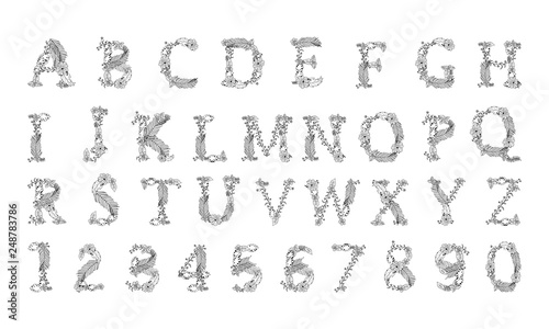 Hand painted vector letters with flowers on white background