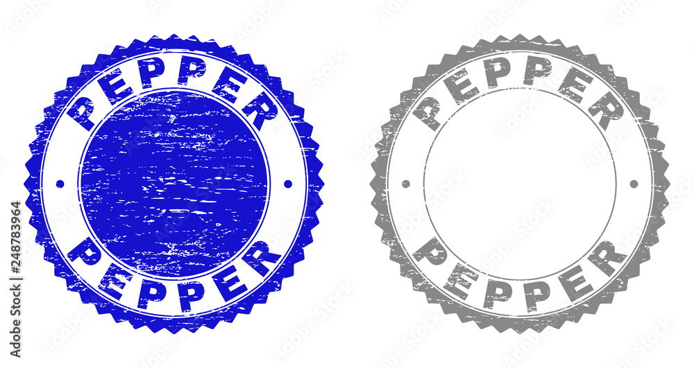 Obraz premium Grunge PEPPER stamp seals isolated on a white background. Rosette seals with distress texture in blue and grey colors. Vector rubber watermark of PEPPER label inside round rosette.