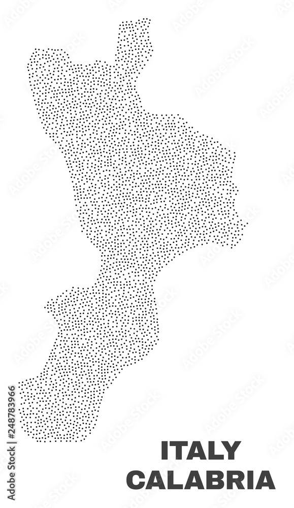 Calabria region map designed with little dots. Vector abstraction in black color is isolated on a white background. Random little dots are organized into Calabria region map.