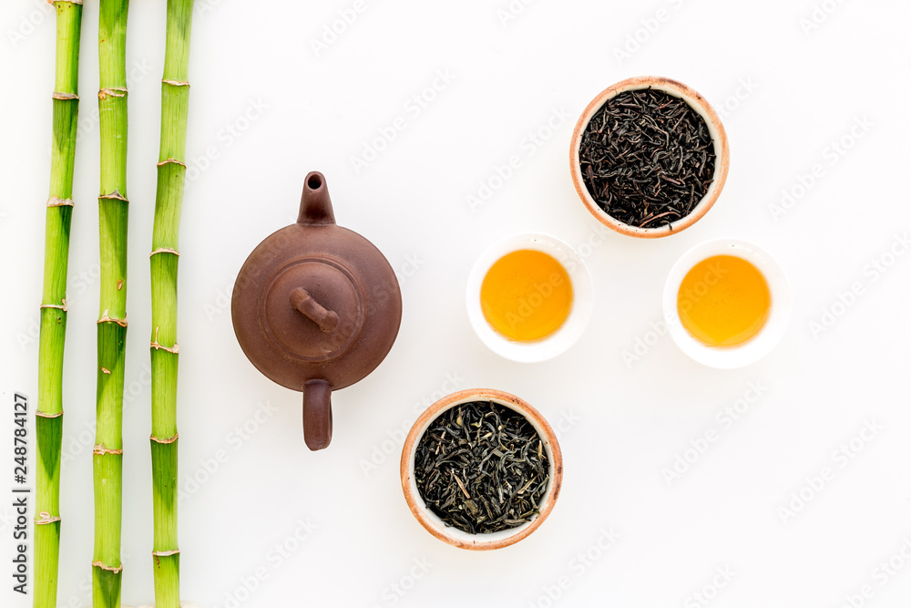 Chinese tea ceremony concept. Tea pot, tea cup, dry tea leaves, bamboo mat on white background top view copy space Chinese tea ceremony concept. Tea pot, tea cup, dry tea leaves, bamboo mat on white background top view copy space