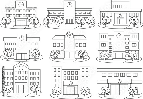 Modern Japanese public school building with Spring cherry tree outline set