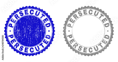 Grunge PERSECUTED stamp seals isolated on a white background. Rosette seals with distress texture in blue and gray colors. Vector rubber stamp imitation of PERSECUTED title inside round rosette.