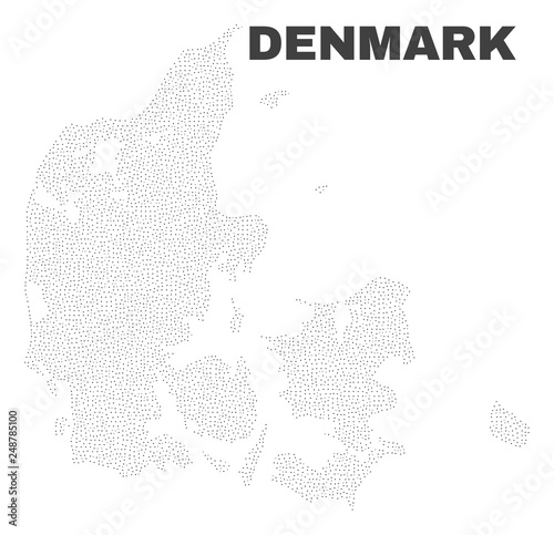 Denmark map designed with tiny dots. Vector abstraction in black color is isolated on a white background. Random tiny dots are organized into Denmark map.