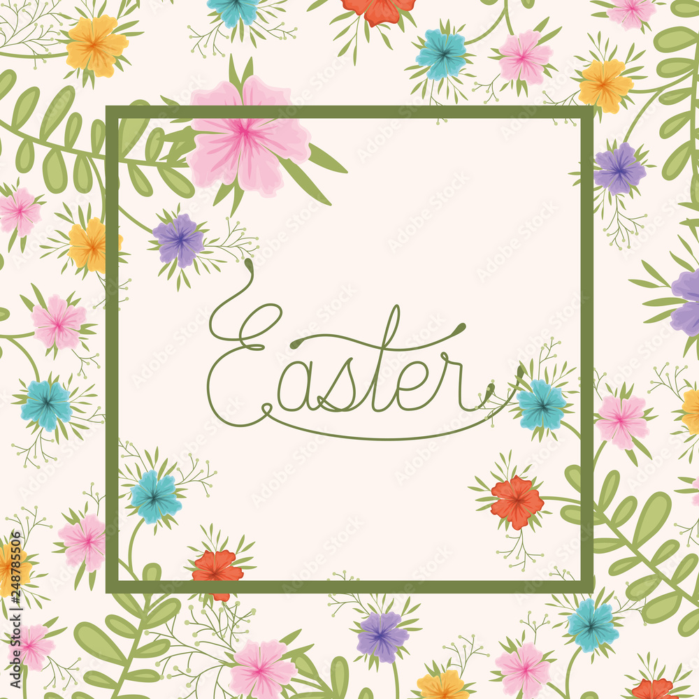 happy easter frame with handmade font and flowers