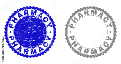 Grunge PHARMACY stamp seals isolated on a white background. Rosette seals with grunge texture in blue and gray colors. Vector rubber stamp imitation of PHARMACY label inside round rosette.
