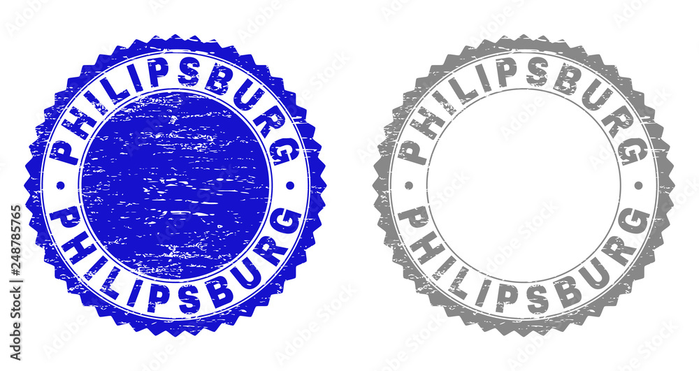 Obraz premium Grunge PHILIPSBURG stamp seals isolated on a white background. Rosette seals with distress texture in blue and gray colors. Vector rubber overlay of PHILIPSBURG title inside round rosette.