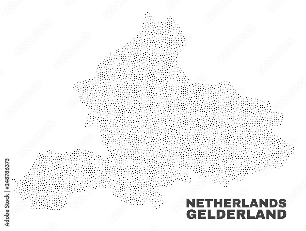 Obraz premium Gelderland Province map designed with small points. Vector abstraction in black color is isolated on a white background. Scattered small points are organized into Gelderland Province map.