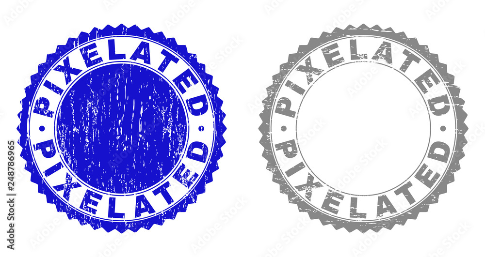 Grunge PIXELATED stamp seals isolated on a white background. Rosette seals with grunge texture in blue and gray colors. Vector rubber stamp imprint of PIXELATED caption inside round rosette. Grunge PIXELATED stamp seals isolated on a white background. Rosette seals with grunge texture in blue and gray colors. Vector rubber stamp imprint of PIXELATED caption inside round rosette.
