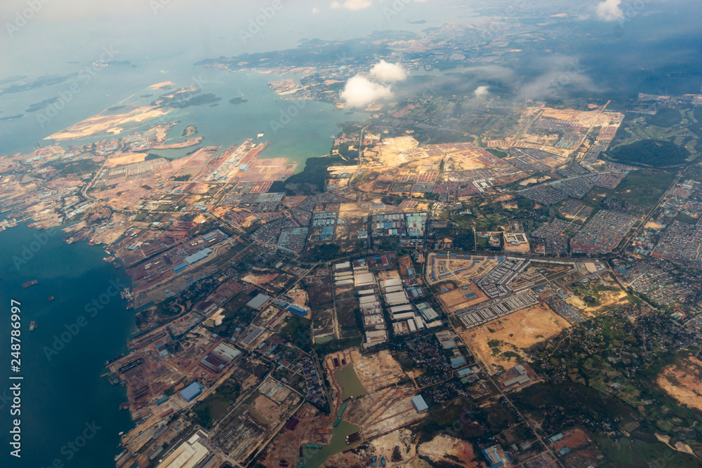 View from airplane window during departure Suvarnabhumi Airport Thailand to Changi Airport, Singapore.