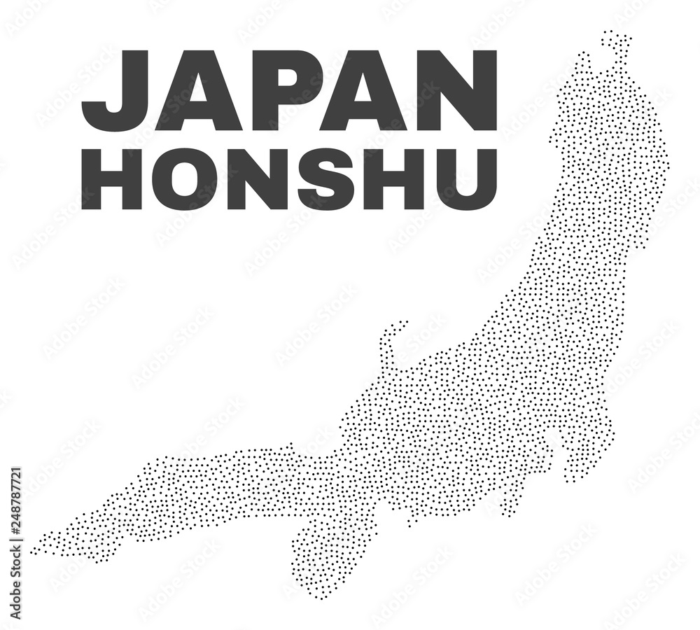 Honshu Island map designed with small points. Vector abstraction in black color is isolated on a white background. Scattered small points are organized into Honshu Island map.