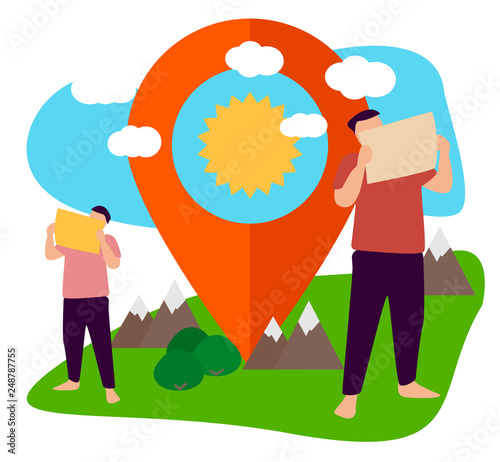 People viewing maps near the pin.Vector