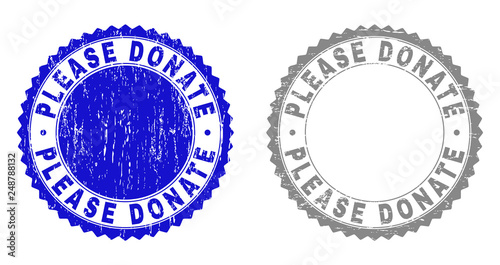 Grunge PLEASE DONATE watermarks isolated on a white background. Rosette seals with grunge texture in blue and gray colors. Vector rubber stamp imprint of PLEASE DONATE caption inside round rosette.
