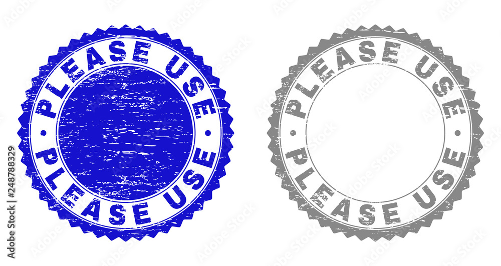 Grunge PLEASE USE stamp seals isolated on a white background. Rosette seals with grunge texture in blue and grey colors. Vector rubber stamp imitation of PLEASE USE text inside round rosette.