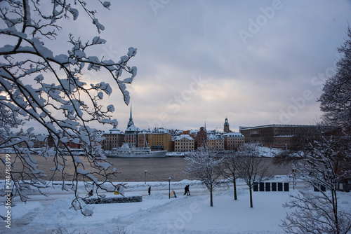 Winter view from the island Skeppsholmen in Stockholm a gray,  cold and snowy winter day photo