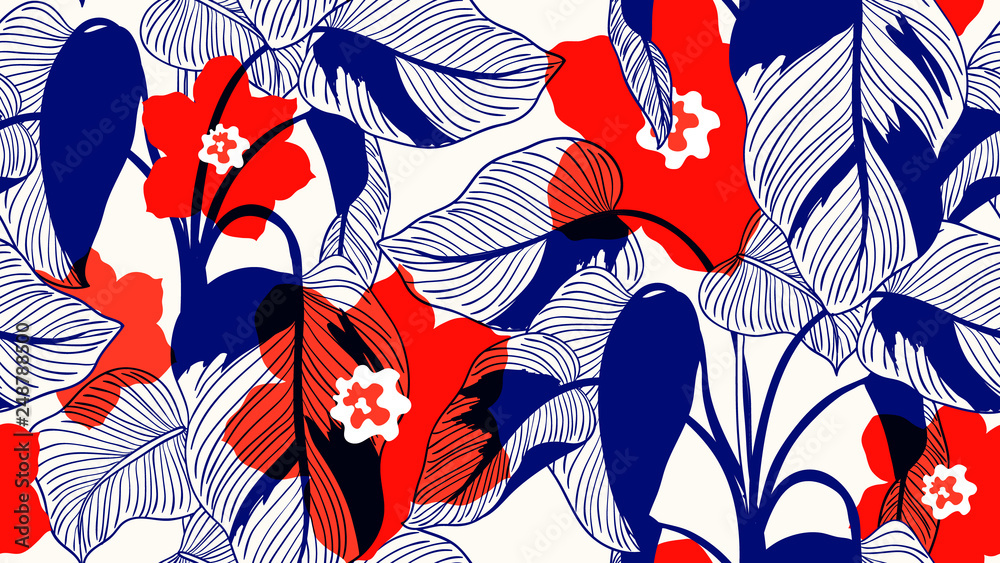 Tropical plants seamless pattern, Pink Princess philodendron and flowers on light brown background, line art ink drawing in blue and red tones