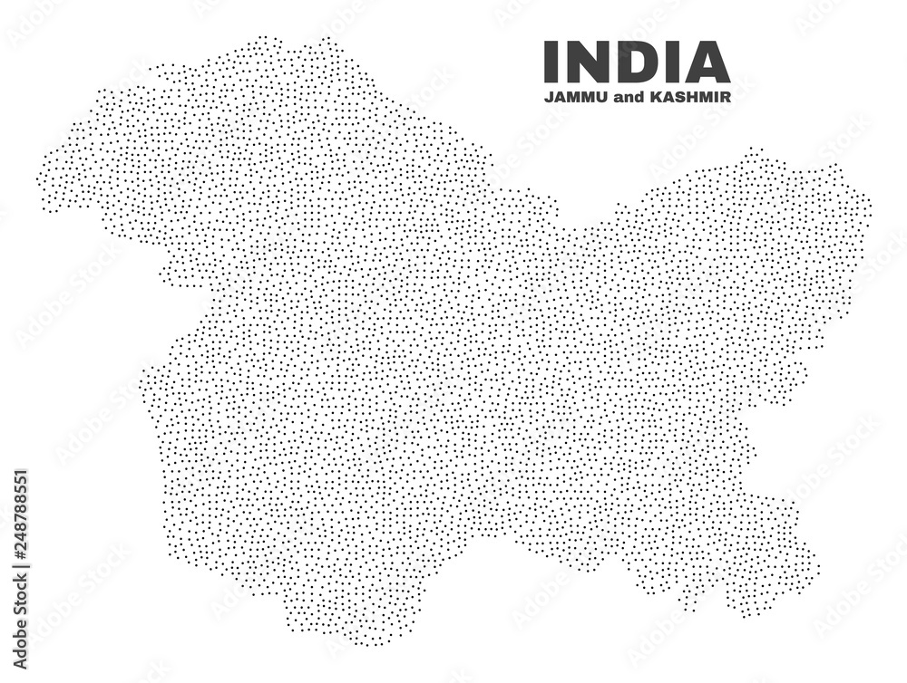 Jammu and Kashmir State map designed with tiny dots. Vector abstraction in black color is isolated on a white background. Scattered tiny items are organized into Jammu and Kashmir State map.